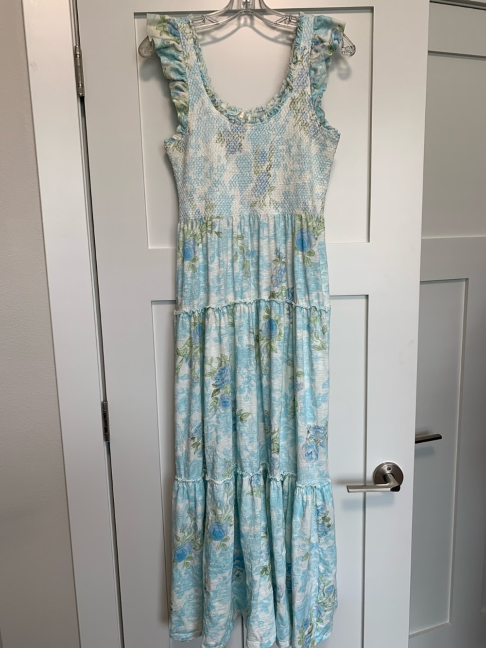 LoveShackFancy Light Blue Floral Ruffle-Shoulder Maxi Dress